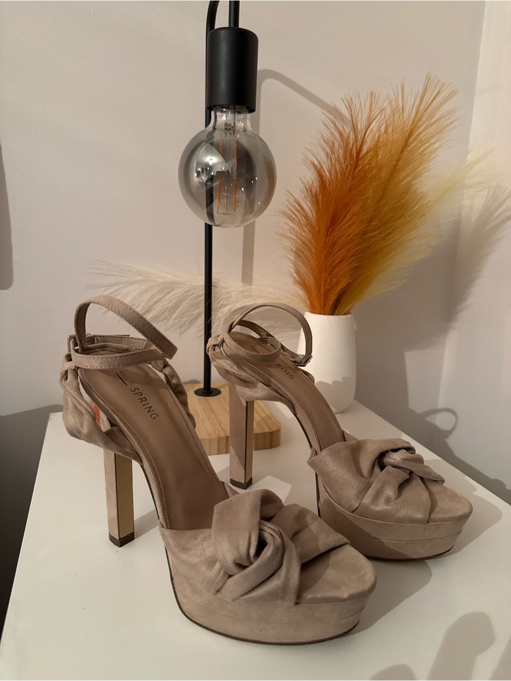 Call It Spring Taupe Knot-Front Platform Heels with Ankle Strap